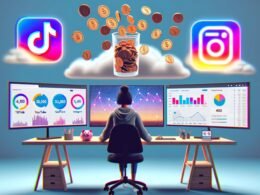 Geschlechtsneutraler Creator Anfang 30 sitzt an drei Monitoren mit Social Media Analytics, während digitale Münzen aus der Cloud regnen und das Sparschwein nur teilweise gefüllt ist. Futuristisches, urbanes Home-Office im 404-Style.