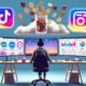 Geschlechtsneutraler Creator Anfang 30 sitzt an drei Monitoren mit Social Media Analytics, während digitale Münzen aus der Cloud regnen und das Sparschwein nur teilweise gefüllt ist. Futuristisches, urbanes Home-Office im 404-Style.