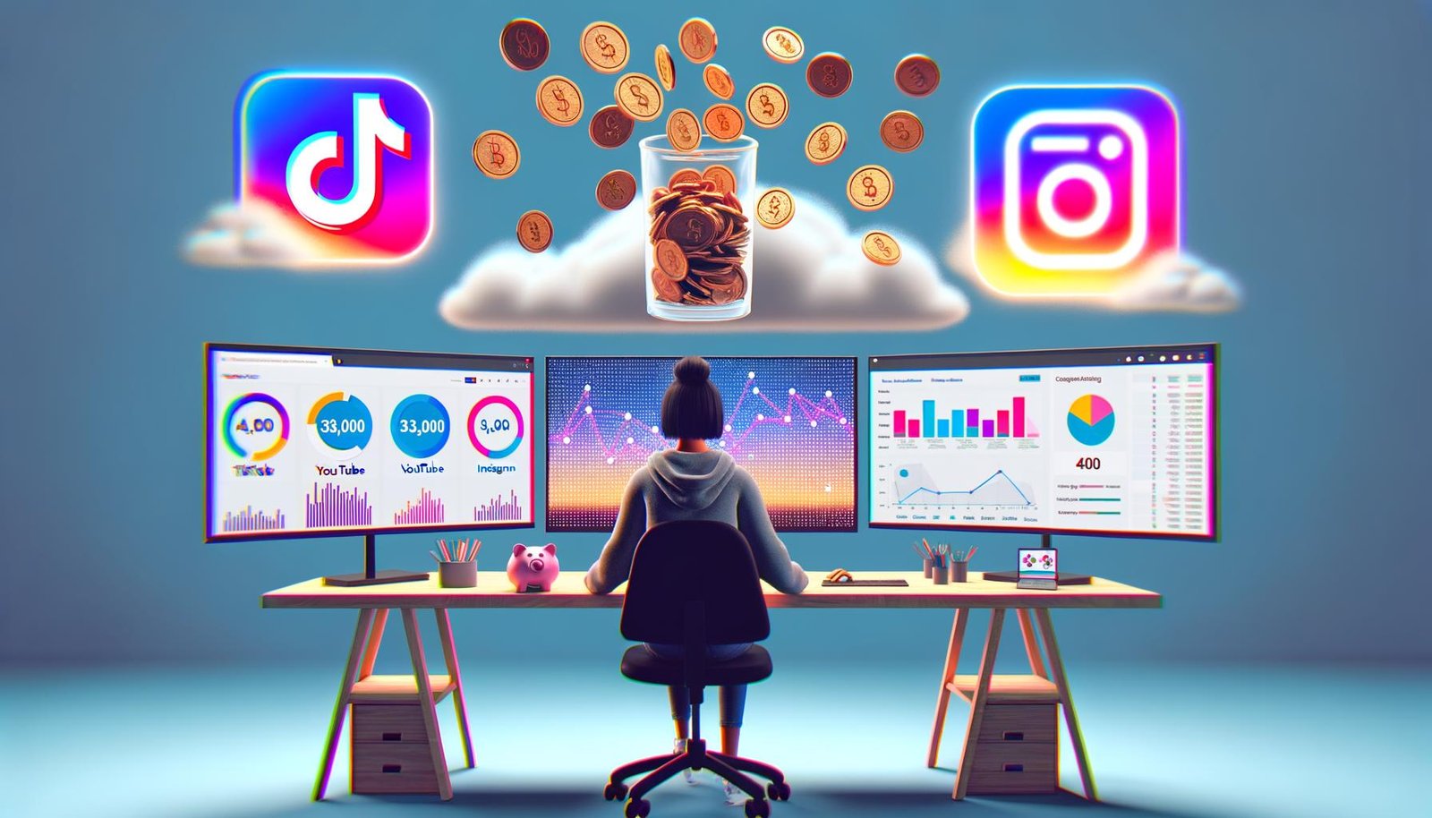 Geschlechtsneutraler Creator Anfang 30 sitzt an drei Monitoren mit Social Media Analytics, während digitale Münzen aus der Cloud regnen und das Sparschwein nur teilweise gefüllt ist. Futuristisches, urbanes Home-Office im 404-Style.