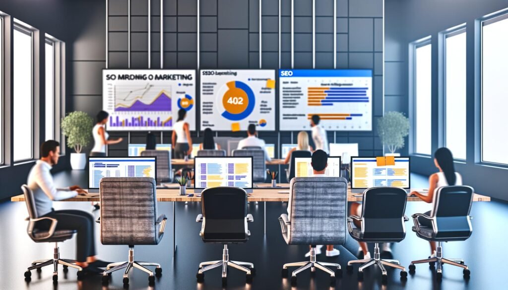 Fokussierte Marketing-Mitarbeiter in urbanem Büro mit digitalen SEO-Dashboards, Whiteboard mit KPIs und Post-its zu zentralen Metriken.