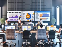 Fokussierte Marketing-Mitarbeiter in urbanem Büro mit digitalen SEO-Dashboards, Whiteboard mit KPIs und Post-its zu zentralen Metriken.