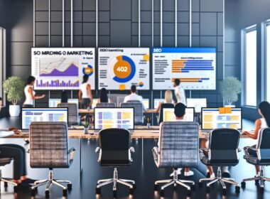 Fokussierte Marketing-Mitarbeiter in urbanem Büro mit digitalen SEO-Dashboards, Whiteboard mit KPIs und Post-its zu zentralen Metriken.