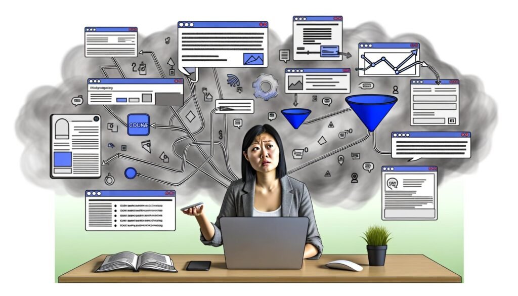 Moderner, stilisierter Marketer an einem Schreibtisch, umgeben von einem Wirrwarr aus digitalen Daten, Funnel-Charts, Analytics-Dashboards, Pixel-Codes und Cookie-Hinweisen; der Marketer schaut ratlos durch neblige, wolkenartige Verwirrung. Fadenartige Linien verbinden verschiedene Geräte und verdeutlichen Cross-Device Journeys.