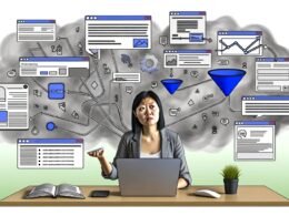 Moderner, stilisierter Marketer an einem Schreibtisch, umgeben von einem Wirrwarr aus digitalen Daten, Funnel-Charts, Analytics-Dashboards, Pixel-Codes und Cookie-Hinweisen; der Marketer schaut ratlos durch neblige, wolkenartige Verwirrung. Fadenartige Linien verbinden verschiedene Geräte und verdeutlichen Cross-Device Journeys.