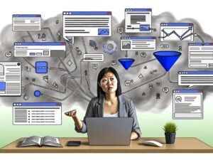 Moderner, stilisierter Marketer an einem Schreibtisch, umgeben von einem Wirrwarr aus digitalen Daten, Funnel-Charts, Analytics-Dashboards, Pixel-Codes und Cookie-Hinweisen; der Marketer schaut ratlos durch neblige, wolkenartige Verwirrung. Fadenartige Linien verbinden verschiedene Geräte und verdeutlichen Cross-Device Journeys.