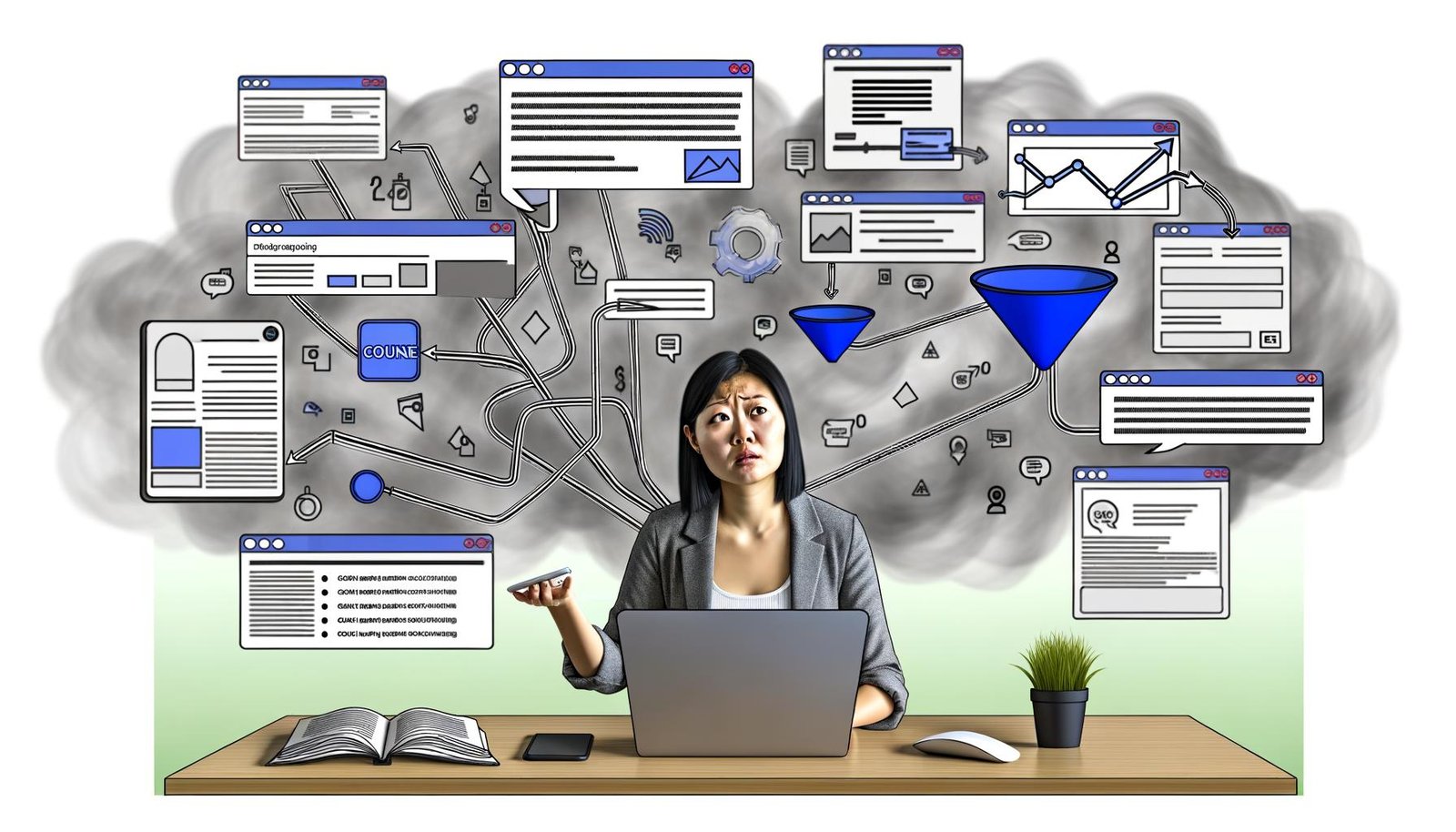 Moderner, stilisierter Marketer an einem Schreibtisch, umgeben von einem Wirrwarr aus digitalen Daten, Funnel-Charts, Analytics-Dashboards, Pixel-Codes und Cookie-Hinweisen; der Marketer schaut ratlos durch neblige, wolkenartige Verwirrung. Fadenartige Linien verbinden verschiedene Geräte und verdeutlichen Cross-Device Journeys.