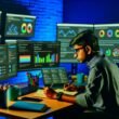 Content Creator sitzt an einem Schreibtisch mit mehreren Bildschirmen, die Social-Media-Analysen und Plattform-Logos zeigen. Er macht sich Notizen, umgeben von Kaffeetasse und Technik, in einer professionellen und datengetriebenen Umgebung.