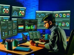 Content Creator sitzt an einem Schreibtisch mit mehreren Bildschirmen, die Social-Media-Analysen und Plattform-Logos zeigen. Er macht sich Notizen, umgeben von Kaffeetasse und Technik, in einer professionellen und datengetriebenen Umgebung.