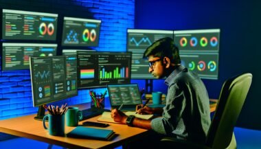 Content Creator sitzt an einem Schreibtisch mit mehreren Bildschirmen, die Social-Media-Analysen und Plattform-Logos zeigen. Er macht sich Notizen, umgeben von Kaffeetasse und Technik, in einer professionellen und datengetriebenen Umgebung.