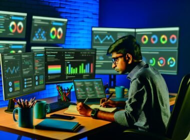 Content Creator sitzt an einem Schreibtisch mit mehreren Bildschirmen, die Social-Media-Analysen und Plattform-Logos zeigen. Er macht sich Notizen, umgeben von Kaffeetasse und Technik, in einer professionellen und datengetriebenen Umgebung.