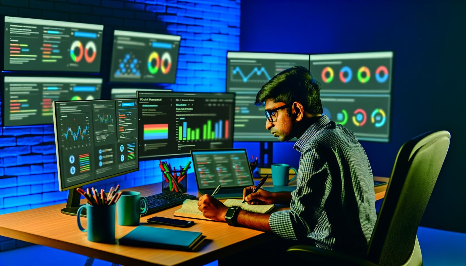 Content Creator sitzt an einem Schreibtisch mit mehreren Bildschirmen, die Social-Media-Analysen und Plattform-Logos zeigen. Er macht sich Notizen, umgeben von Kaffeetasse und Technik, in einer professionellen und datengetriebenen Umgebung.