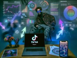 Junger urbaner TikTok-Creator vor Laptop mit technischen Diagrammen und Projektionen von TikTok-Performance-Daten und algorithmischem Code im Hintergrund.