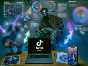 Junger urbaner TikTok-Creator vor Laptop mit technischen Diagrammen und Projektionen von TikTok-Performance-Daten und algorithmischem Code im Hintergrund.
