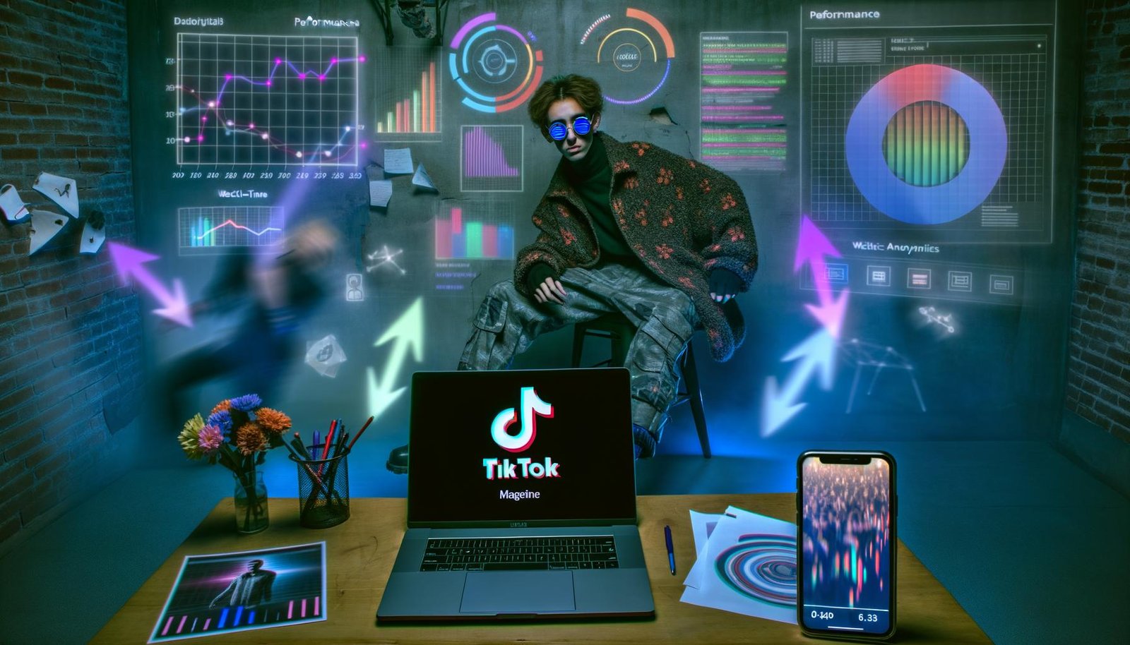 Junger urbaner TikTok-Creator vor Laptop mit technischen Diagrammen und Projektionen von TikTok-Performance-Daten und algorithmischem Code im Hintergrund.