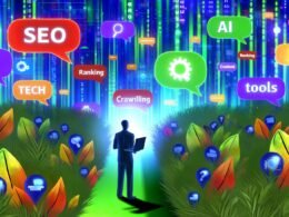 Dynamische Illustration einer Person mit Laptop im metaphorischen SEO-Dschungel, umgeben von bunten Icons und leuchtenden Sprechblasen mit Online-Marketing-Begriffen.