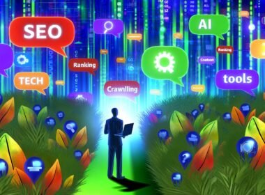 Dynamische Illustration einer Person mit Laptop im metaphorischen SEO-Dschungel, umgeben von bunten Icons und leuchtenden Sprechblasen mit Online-Marketing-Begriffen.