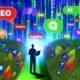 Dynamische Illustration einer Person mit Laptop im metaphorischen SEO-Dschungel, umgeben von bunten Icons und leuchtenden Sprechblasen mit Online-Marketing-Begriffen.