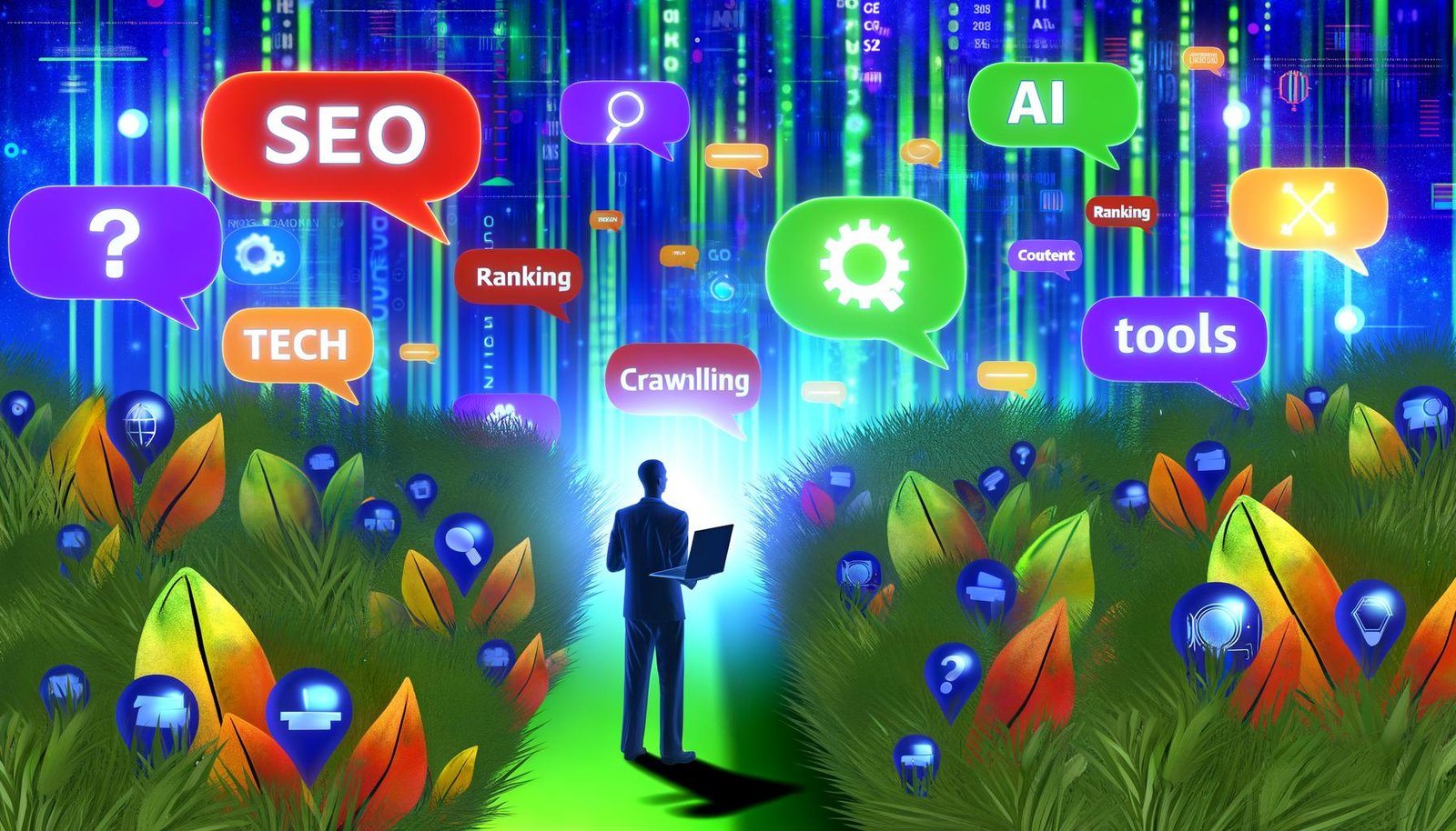 Dynamische Illustration einer Person mit Laptop im metaphorischen SEO-Dschungel, umgeben von bunten Icons und leuchtenden Sprechblasen mit Online-Marketing-Begriffen.