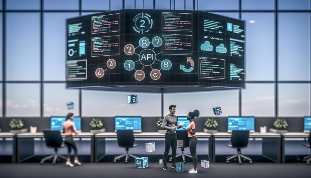 Futuristisches Großraumbüro mit digitalen Bildschirmen, holografischen API-Verbindungen und Teamarbeit zwischen Technik- und Marketingprofis