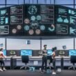 Futuristisches Großraumbüro mit digitalen Bildschirmen, holografischen API-Verbindungen und Teamarbeit zwischen Technik- und Marketingprofis