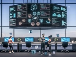 Futuristisches Großraumbüro mit digitalen Bildschirmen, holografischen API-Verbindungen und Teamarbeit zwischen Technik- und Marketingprofis
