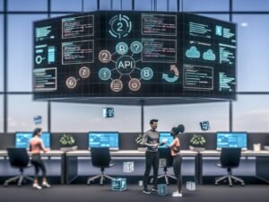 Futuristisches Großraumbüro mit digitalen Bildschirmen, holografischen API-Verbindungen und Teamarbeit zwischen Technik- und Marketingprofis
