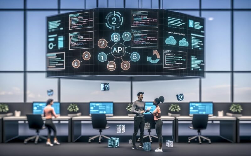 Futuristisches Großraumbüro mit digitalen Bildschirmen, holografischen API-Verbindungen und Teamarbeit zwischen Technik- und Marketingprofis