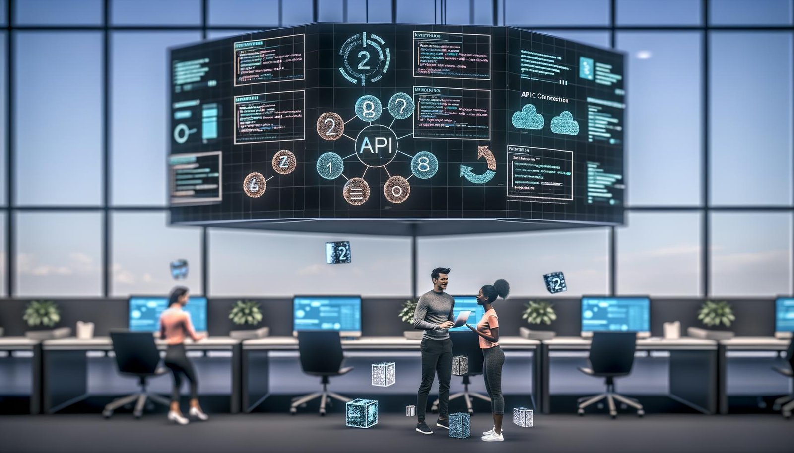 Futuristisches Großraumbüro mit digitalen Bildschirmen, holografischen API-Verbindungen und Teamarbeit zwischen Technik- und Marketingprofis