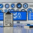 Modernes Büro mit Monitoren voller Datenschutz-Diagramme, Cookie-Consent-Bannern und sichtbarer DSGVO-Checkliste auf Papier, daneben technische Geräte und DSGVO-Plakette in blauem Farbakzent.