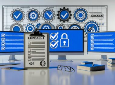 Modernes Büro mit Monitoren voller Datenschutz-Diagramme, Cookie-Consent-Bannern und sichtbarer DSGVO-Checkliste auf Papier, daneben technische Geräte und DSGVO-Plakette in blauem Farbakzent.