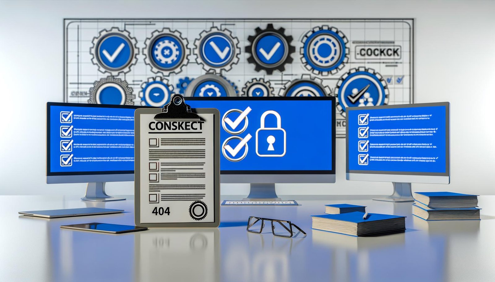 Modernes Büro mit Monitoren voller Datenschutz-Diagramme, Cookie-Consent-Bannern und sichtbarer DSGVO-Checkliste auf Papier, daneben technische Geräte und DSGVO-Plakette in blauem Farbakzent.