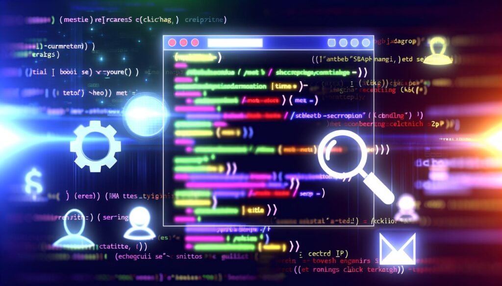 Eine moderne Illustration zeigt einen HTML-Code-Editor mit farbigen Meta-Tags und prominenten Symbolen für Suchmaschinen und Social Media auf dunklem, technologisch wirkendem Hintergrund.