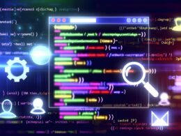 Eine moderne Illustration zeigt einen HTML-Code-Editor mit farbigen Meta-Tags und prominenten Symbolen für Suchmaschinen und Social Media auf dunklem, technologisch wirkendem Hintergrund.
