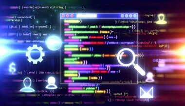 Eine moderne Illustration zeigt einen HTML-Code-Editor mit farbigen Meta-Tags und prominenten Symbolen für Suchmaschinen und Social Media auf dunklem, technologisch wirkendem Hintergrund.