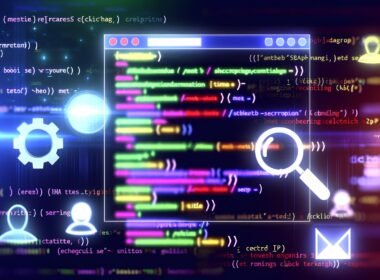Eine moderne Illustration zeigt einen HTML-Code-Editor mit farbigen Meta-Tags und prominenten Symbolen für Suchmaschinen und Social Media auf dunklem, technologisch wirkendem Hintergrund.