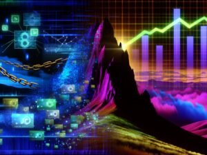 Illustration einer digitalen Berglandschaft mit Licht-Schatten-Teilung, moderner und veralteter SEO, Technik-Icons, goldenen Backlinks und analytischen Grafiken im Cyberpunk-Look.