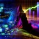 Illustration einer digitalen Berglandschaft mit Licht-Schatten-Teilung, moderner und veralteter SEO, Technik-Icons, goldenen Backlinks und analytischen Grafiken im Cyberpunk-Look.