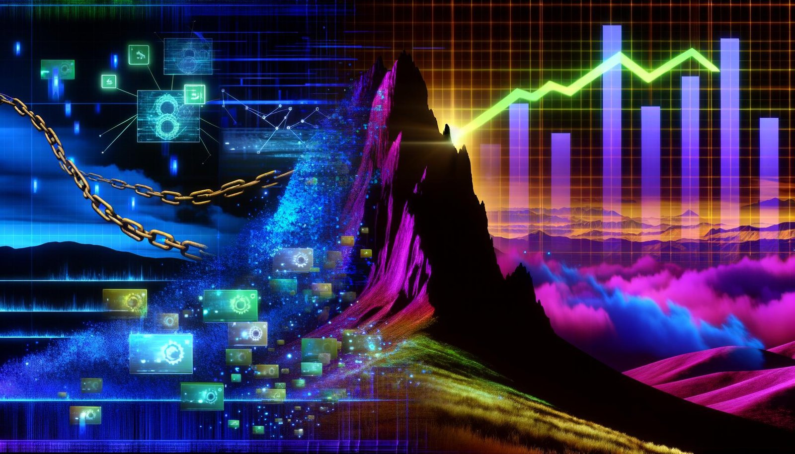 Illustration einer digitalen Berglandschaft mit Licht-Schatten-Teilung, moderner und veralteter SEO, Technik-Icons, goldenen Backlinks und analytischen Grafiken im Cyberpunk-Look.