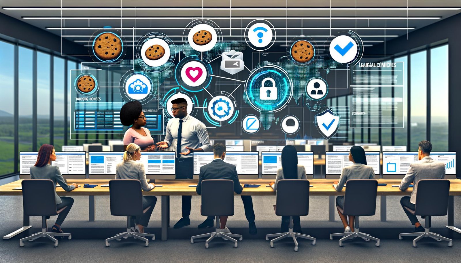 Dynamischer Arbeitsbereich mit mehreren Computern, die Cookie-Einwilligungen, Tracking- und Compliance-Dashboards zeigen. Diverses Team aus IT, Marketing und Recht arbeitet an Datenschutz und rechtlichen Vorgaben.