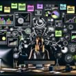 Verschiedene Szenen aus dem Alltag eines Content Creators: Urbaner Workspace mit technischen Geräten, Infografik zur Monetarisierung, digitale Tool-Landschaft, Funnel-Flow, aktive Community, Fehlerbild zu Einnahemequellen und das finale Business-Modell.
