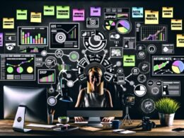 Verschiedene Szenen aus dem Alltag eines Content Creators: Urbaner Workspace mit technischen Geräten, Infografik zur Monetarisierung, digitale Tool-Landschaft, Funnel-Flow, aktive Community, Fehlerbild zu Einnahemequellen und das finale Business-Modell.