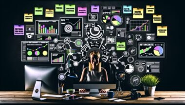 Verschiedene Szenen aus dem Alltag eines Content Creators: Urbaner Workspace mit technischen Geräten, Infografik zur Monetarisierung, digitale Tool-Landschaft, Funnel-Flow, aktive Community, Fehlerbild zu Einnahemequellen und das finale Business-Modell.