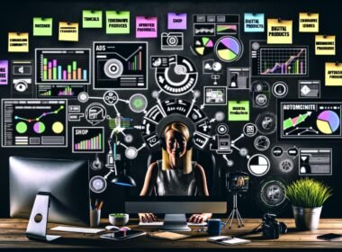 Verschiedene Szenen aus dem Alltag eines Content Creators: Urbaner Workspace mit technischen Geräten, Infografik zur Monetarisierung, digitale Tool-Landschaft, Funnel-Flow, aktive Community, Fehlerbild zu Einnahemequellen und das finale Business-Modell.