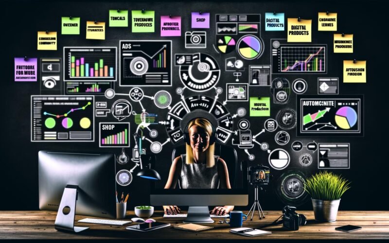 Verschiedene Szenen aus dem Alltag eines Content Creators: Urbaner Workspace mit technischen Geräten, Infografik zur Monetarisierung, digitale Tool-Landschaft, Funnel-Flow, aktive Community, Fehlerbild zu Einnahemequellen und das finale Business-Modell.