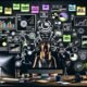 Verschiedene Szenen aus dem Alltag eines Content Creators: Urbaner Workspace mit technischen Geräten, Infografik zur Monetarisierung, digitale Tool-Landschaft, Funnel-Flow, aktive Community, Fehlerbild zu Einnahemequellen und das finale Business-Modell.