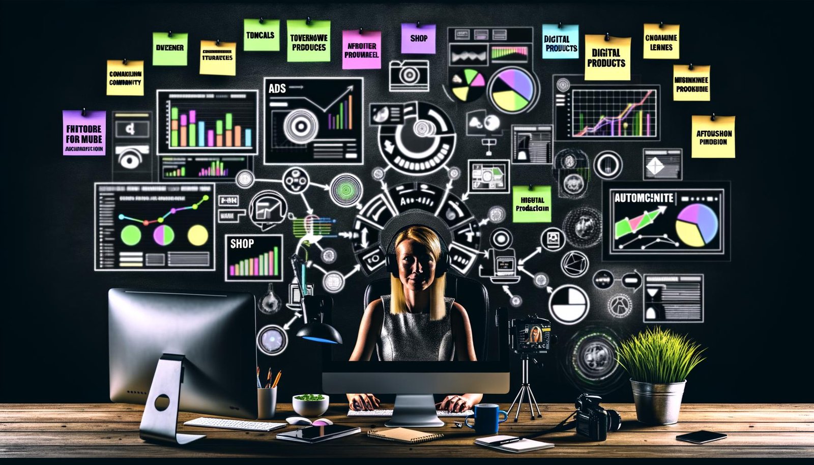 Verschiedene Szenen aus dem Alltag eines Content Creators: Urbaner Workspace mit technischen Geräten, Infografik zur Monetarisierung, digitale Tool-Landschaft, Funnel-Flow, aktive Community, Fehlerbild zu Einnahemequellen und das finale Business-Modell.