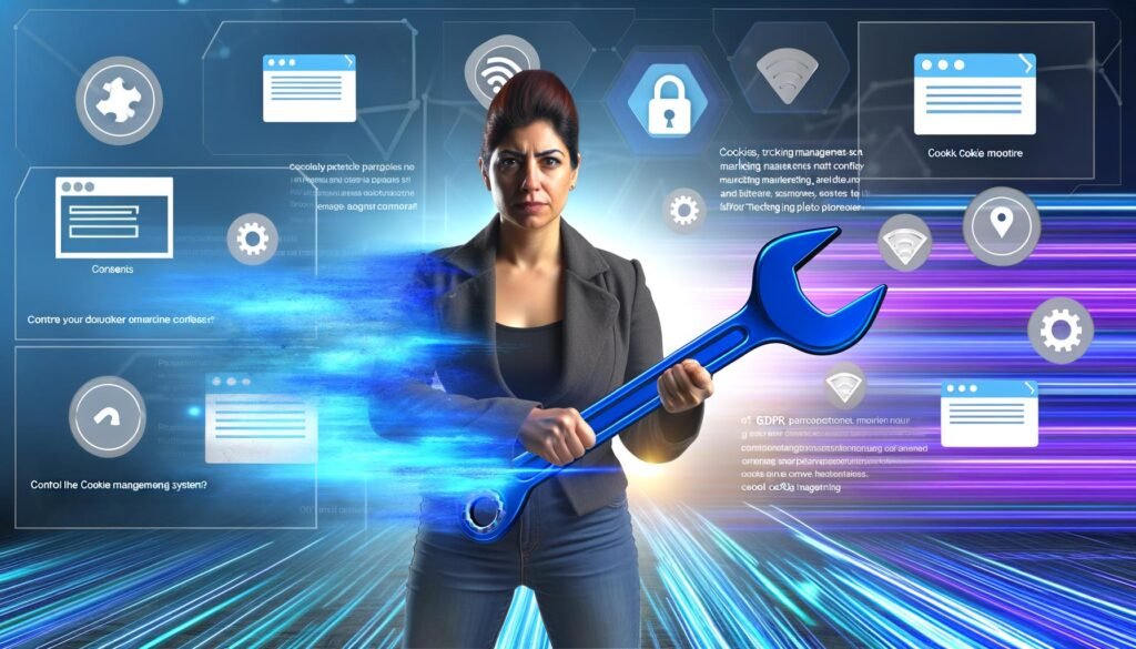 Dynamische Illustration einer modernen Marketing-Managerin vor einem digitalen Dashboard mit Cookie-Bannern, DSGVO-Paragraphen und Datenströmen im Hintergrund.