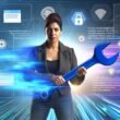 Dynamische Illustration einer modernen Marketing-Managerin vor einem digitalen Dashboard mit Cookie-Bannern, DSGVO-Paragraphen und Datenströmen im Hintergrund.