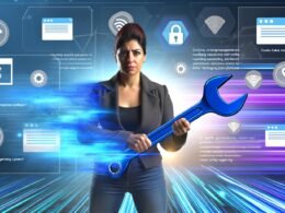 Dynamische Illustration einer modernen Marketing-Managerin vor einem digitalen Dashboard mit Cookie-Bannern, DSGVO-Paragraphen und Datenströmen im Hintergrund.