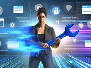 Dynamische Illustration einer modernen Marketing-Managerin vor einem digitalen Dashboard mit Cookie-Bannern, DSGVO-Paragraphen und Datenströmen im Hintergrund.